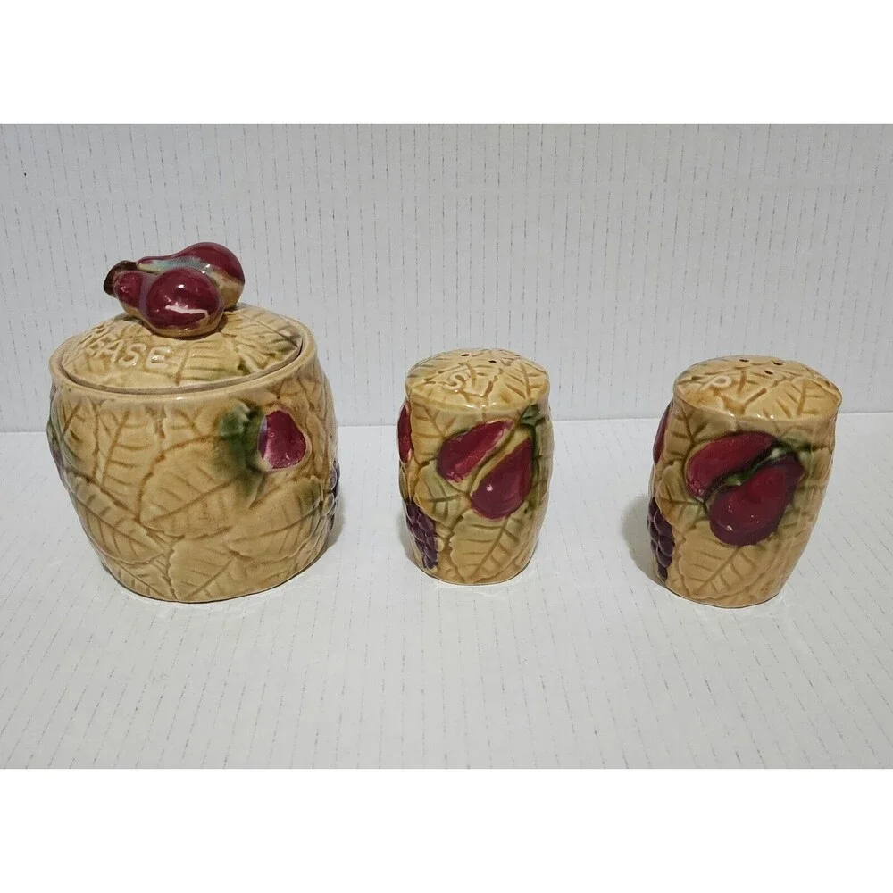 Tilso Japan Ceramic Set of Grease Jar and Salt & Pepper Shakers Fruits 53/630